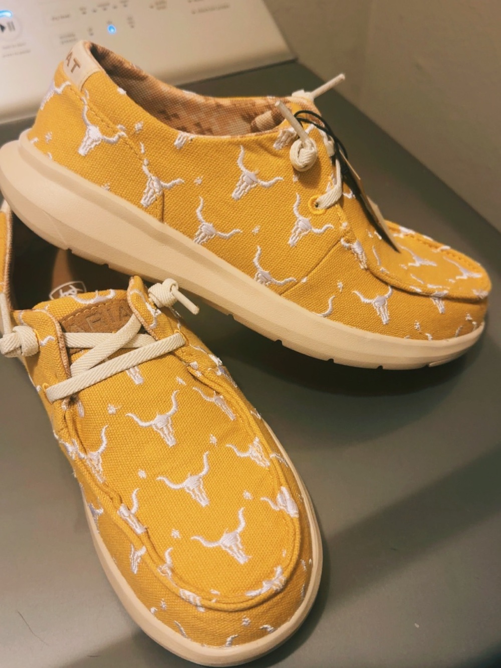 Ariat Mustard Canvas Lace-Up Shoes with White Steer Embroidery